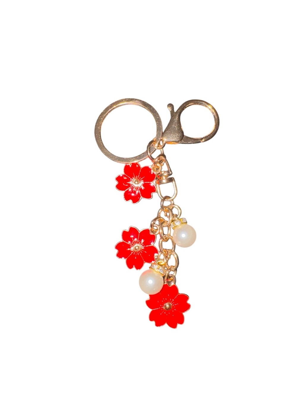 Gold Keychain with Red Flower Charms and Pearl Accents